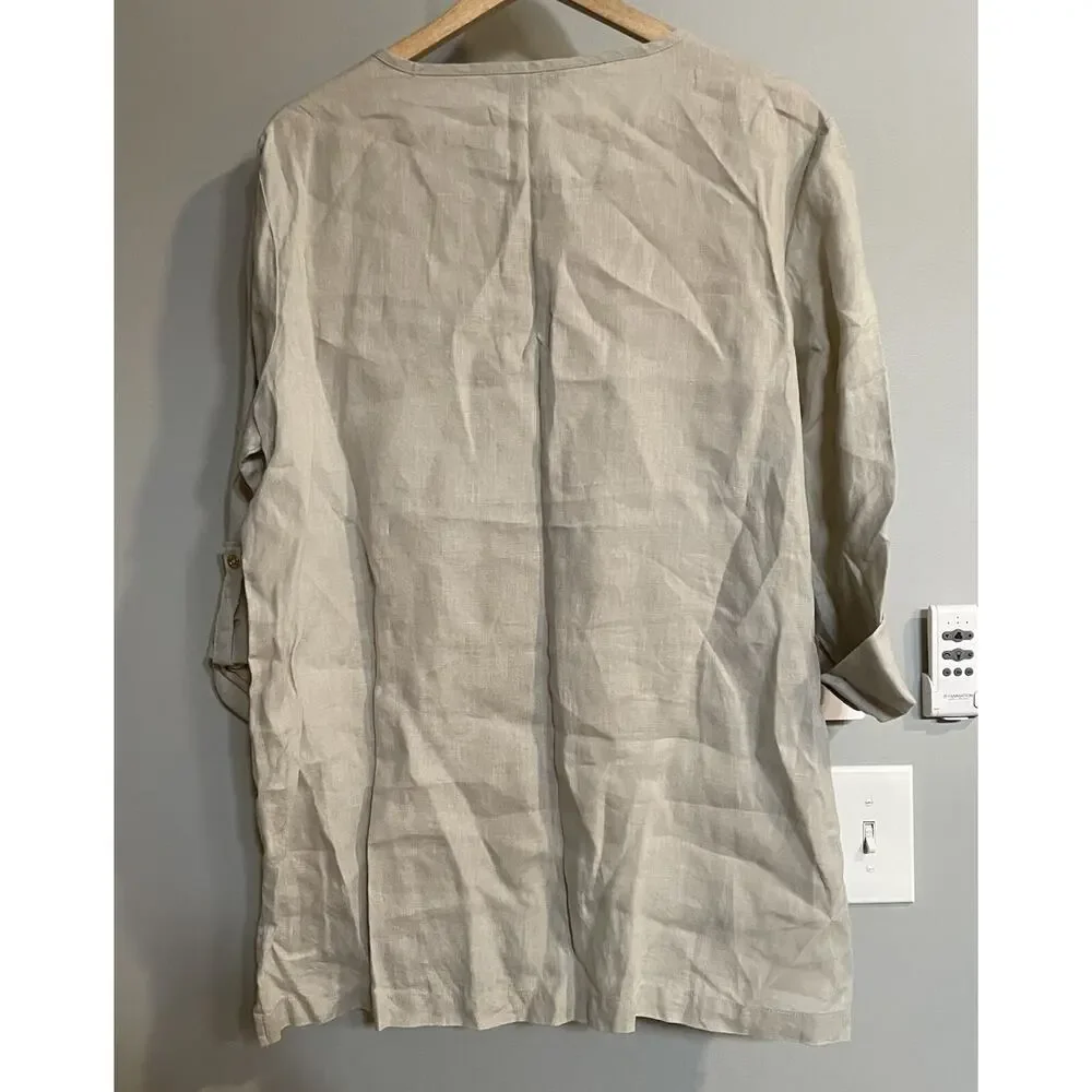 Ellen Tracy Top Linen Tunic Lace Up Neckline Boho Peasant Womens XL‎ Lagenlook
